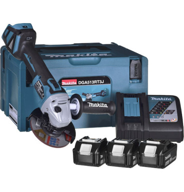 Makita DGA513RT3J - Γωνιακός τροχός 18V 125/115 mm BL με 3 μπαταρίες BL1850B (18V/5.0Ah Li-ion), ταχυφορτιστής, βαλίτσα Makpac